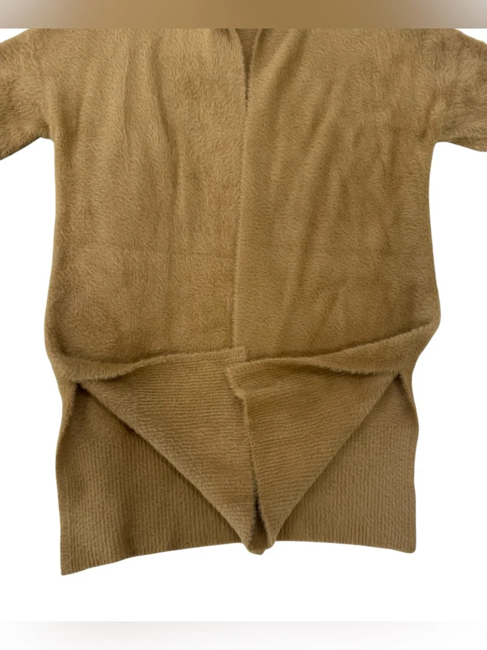 EUC Rachel Zoe Fuzzy Longline Open Front Cardigan Camel Cozy Knit Sweater XS